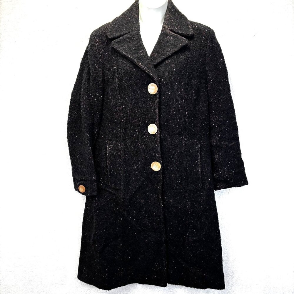 Vintage 90s Cole Haan Boucle Wool Blend Coat Womens 8 Black Pink Knee Length
